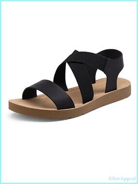 Women's Faux Leather Flat Sandals with Elastic Ankle Strap and Crisscross Design